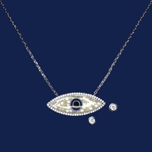 JK NY Evil Eye Shell Doublet Silvertone Necklace and Stud Earings